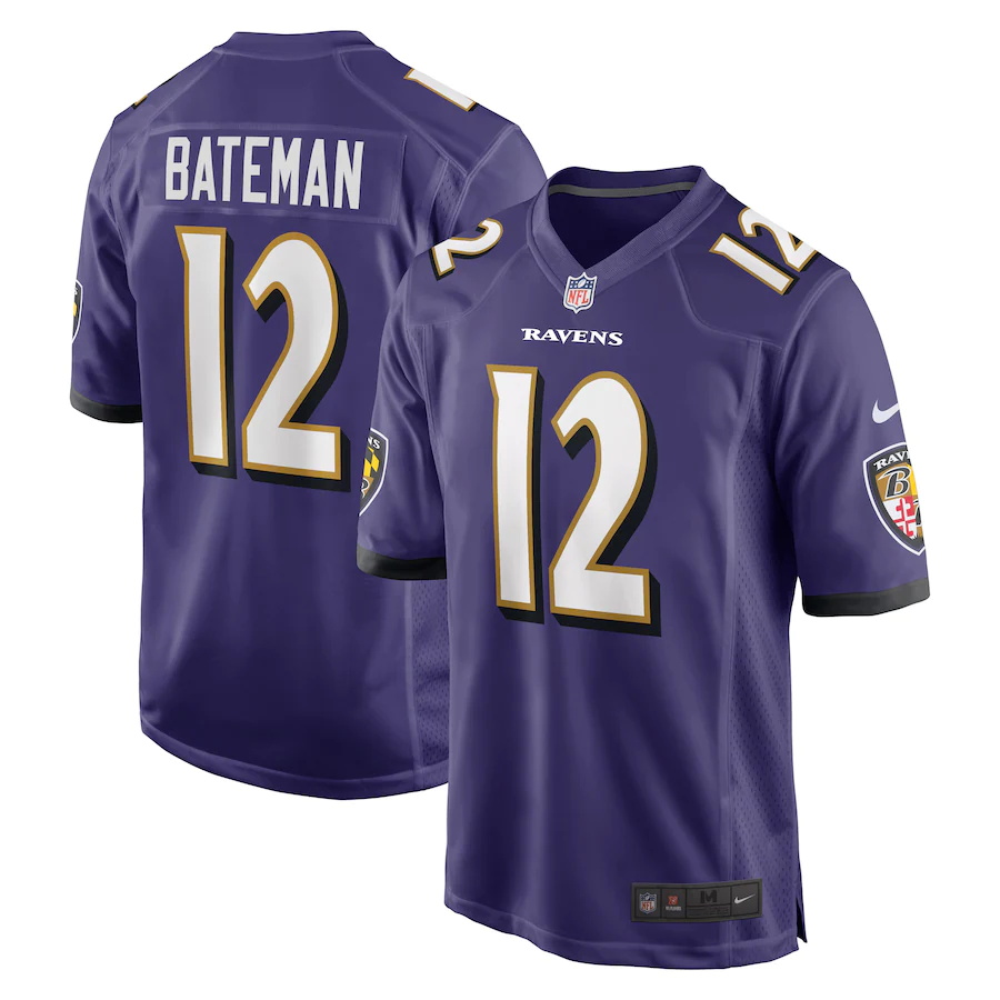 Mens Baltimore Ravens #12 Rashod Bateman Nike Purple 2021 NFL Draft First Round Pick Game Jersey